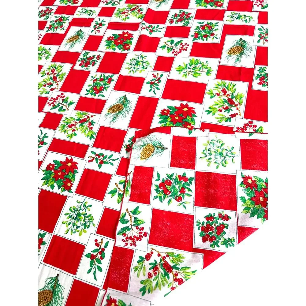 Christmas Holiday Tablecloth Rectangle Red Green White Poinsettia Pinecone Holly